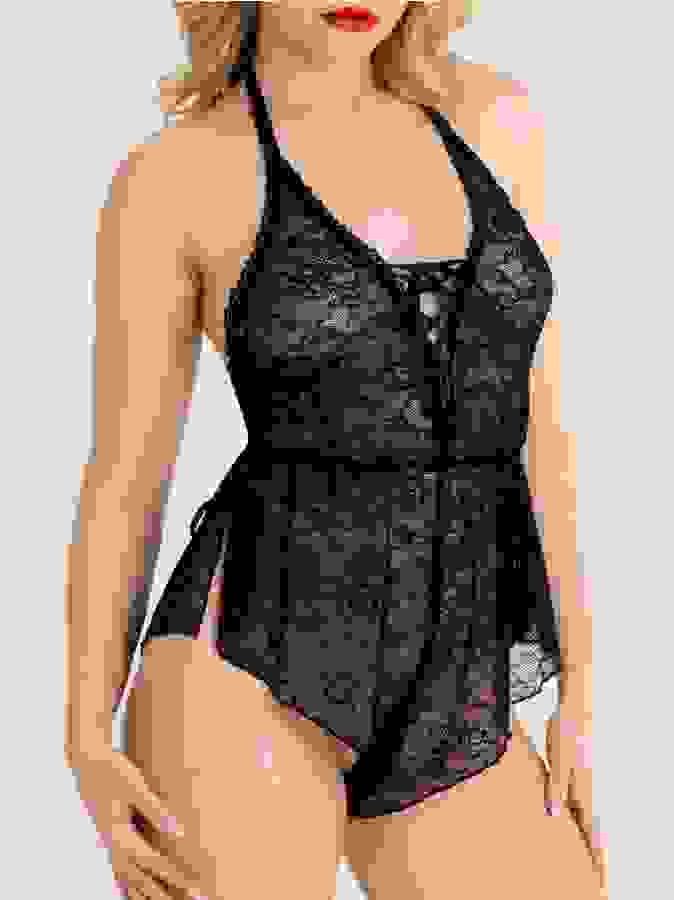 Lovehoney Flirty Lace Black Teddy, Black, hi-res